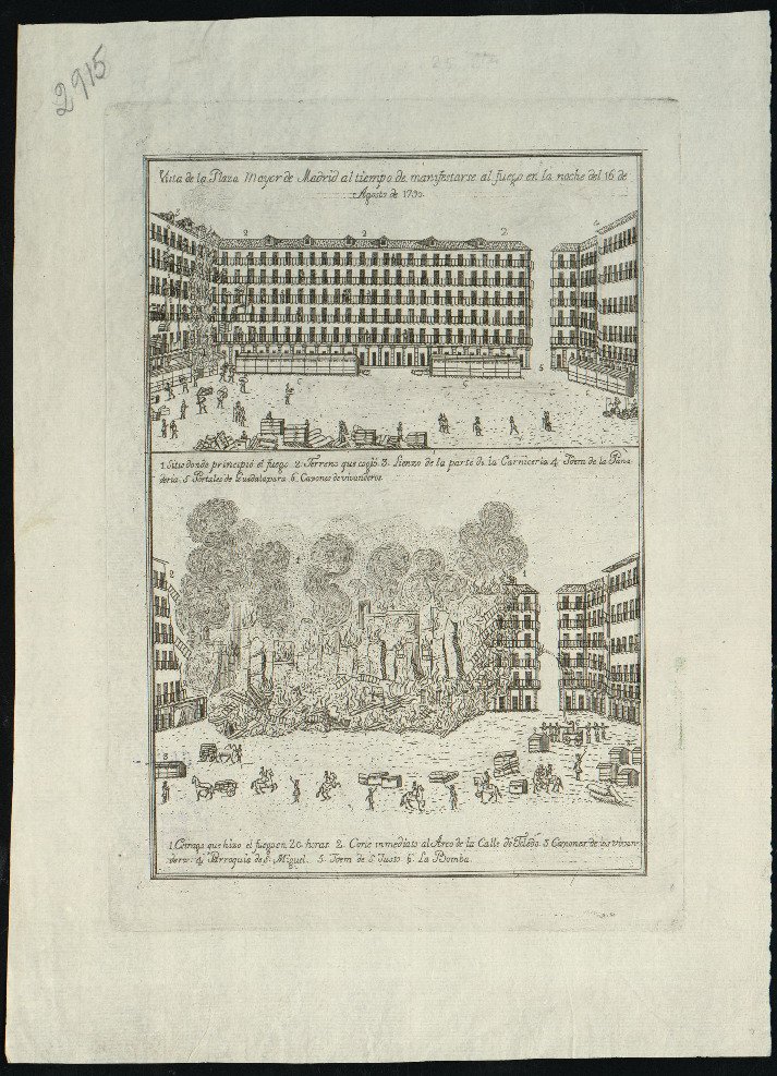 Vista del incendio de la Plaza Mayor de Madrid
