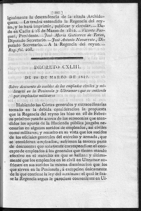 Decreto de 28/03/1812. Sobre descuento de sueldos de los emplados civiles y militares en la Pennsula y Ultramar: que se entiende por empleados militares.