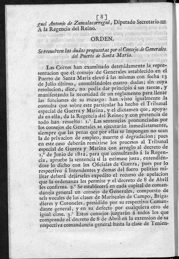 Se resuelven las dudas propuestas por el Consejo de Generales del Puerto de Santa Mara.