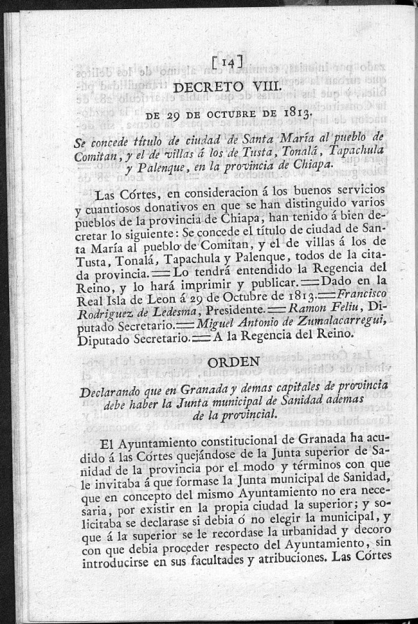 Se concede ttulo de ciudad de Santa Mara al pueblo de Comitan, y el de villas  los de Tusta, Tonal, Tapachula y Palenque, en la provincia de Chiapa.