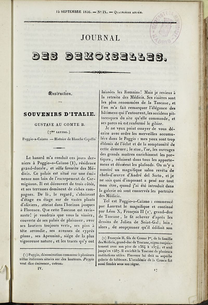 Journal des Demoiselles. 15 de Septiembre de 1836