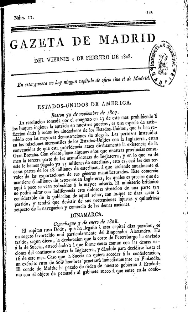 Gazeta de Madrid del viernes 5 de febrero de 1808