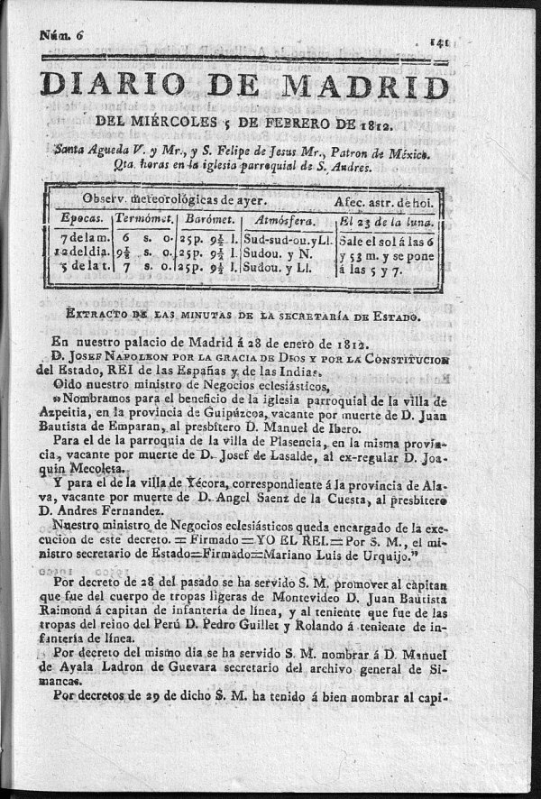 Diario de Madrid del mircoles 5 de Febrero de 1812