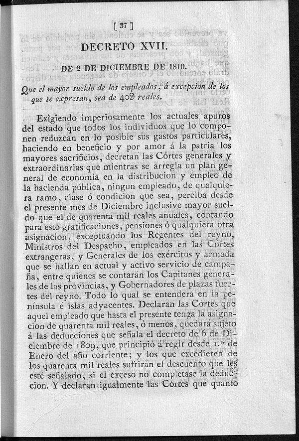 Decreto de 2/12/1810. Que el mayor sueldo de los empleados  excepcin de los que se expresan, sea de 40.000 reales.