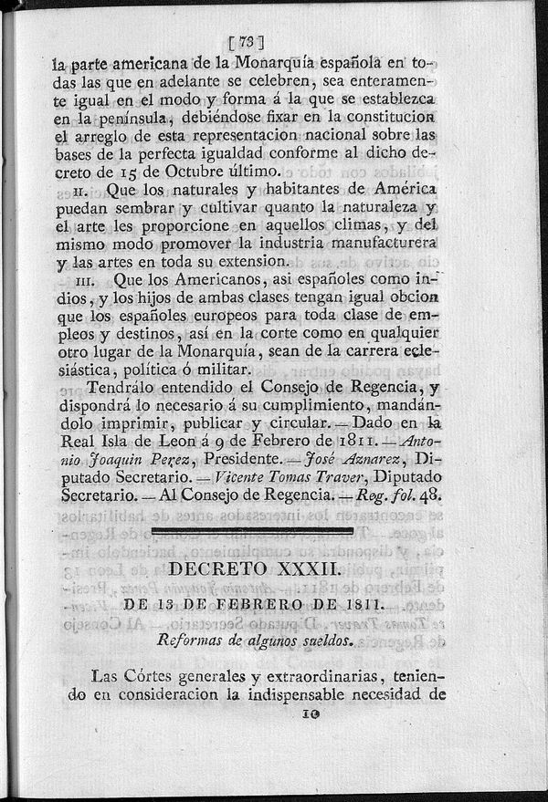 Decreto de 13/02/1811. Reformas de algunos sueldos.