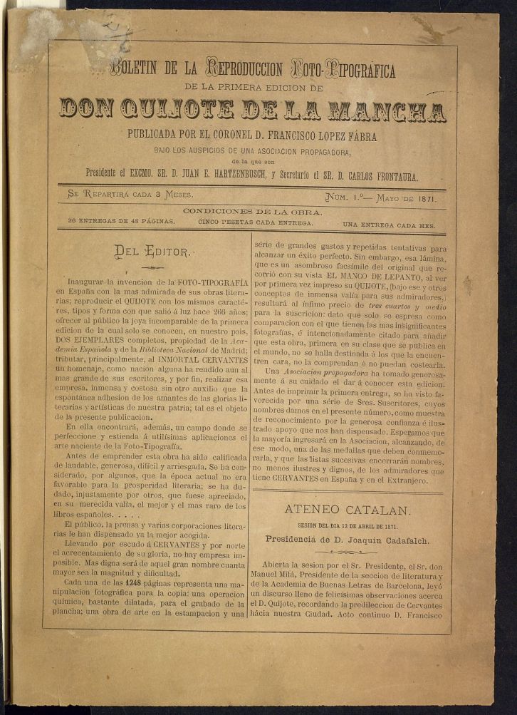 Boletn de la Reproduccin Foto-Tipogrfica de la Primera Edicin de Don Quijote de la Mancha de mayo de 1871. N 1