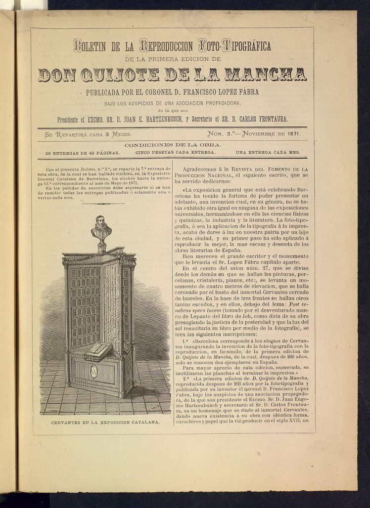 Boletn de la Reproduccin Foto-Tipogrfica de la Primera Edicin de Don Quijote de la Mancha de noviembre de 1871. N 3