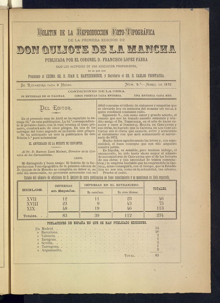 Boletn de la Reproduccin Foto-Tipogrfica de la Primera Edicin de Don Quijote de la Mancha de abril de 1872. N 5