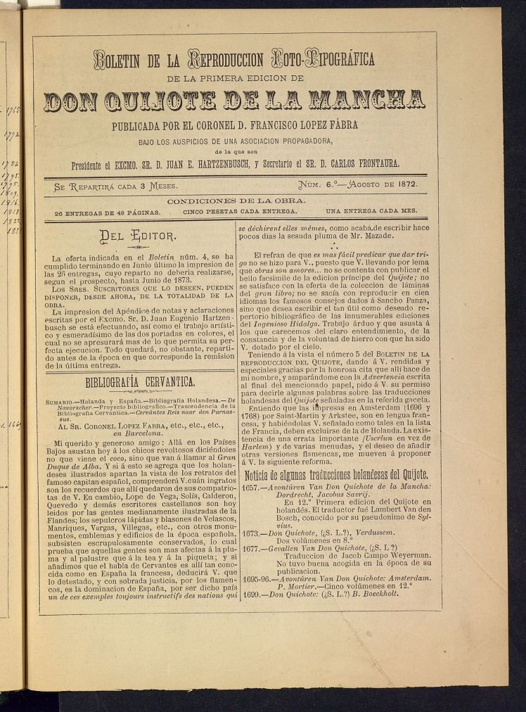 Boletn de la Reproduccin Foto-Tipogrfica de la Primera Edicin de Don Quijote de la Mancha de agosto de 1872. N 6