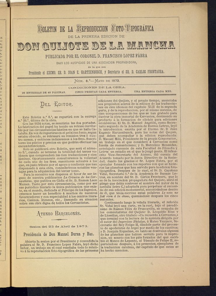 Boletn de la Reproduccin Foto-Tipogrfica de la Primera Edicin de Don Quijote de la Mancha de mayo de 1873.