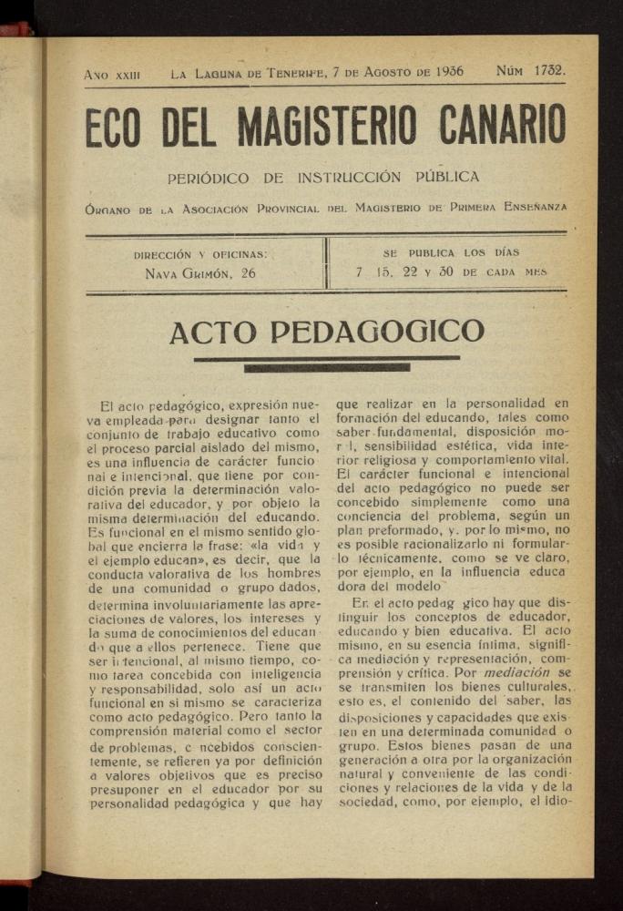 Eco del Magisterio Canario: peridico de instruccin pblica del 7 de agosto de 1936, n 1732