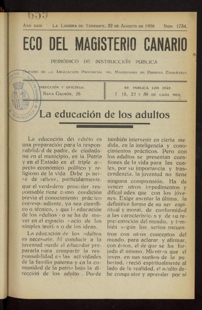 Eco del Magisterio Canario: peridico de instruccin pblica del 22 de agosto de 1936, n 1734