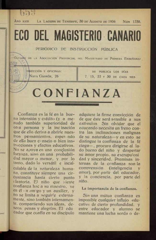 Eco del Magisterio Canario: peridico de instruccin pblica del 30 de agosto de 1936, n 1735