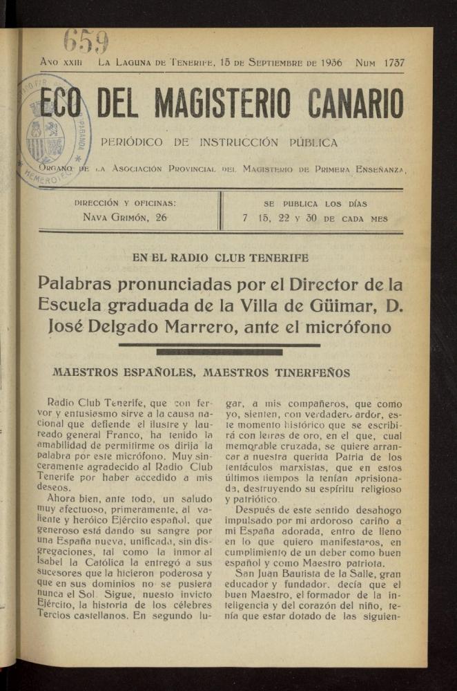 Eco del Magisterio Canario: peridico de instruccin pblica del 15 de septiembre de 1936, n 1737