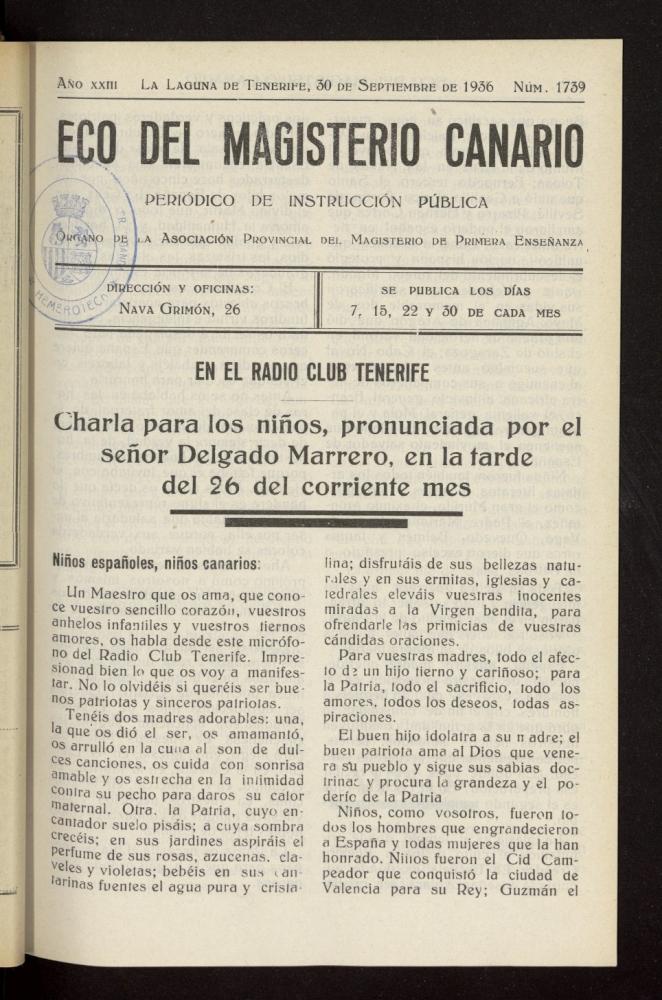 Eco del Magisterio Canario: peridico de instruccin pblica del 30 de septiembre de 1936, n 1739