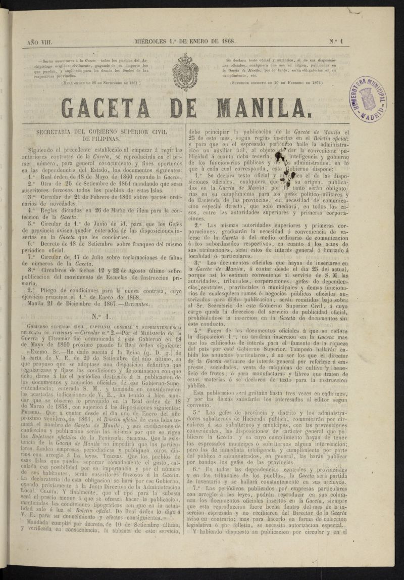 Gaceta de Manila del 1 de enero de 1868, n 1