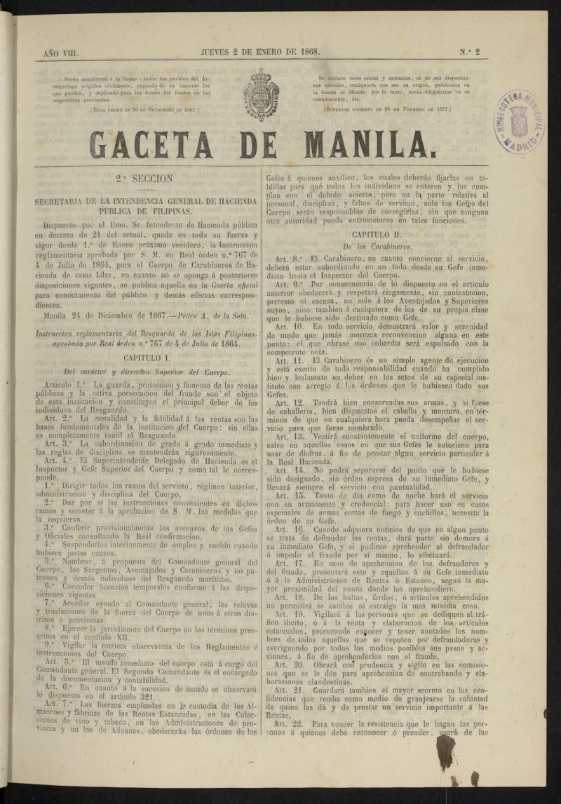 Gaceta de Manila del 2 de enero de 1868, n 2