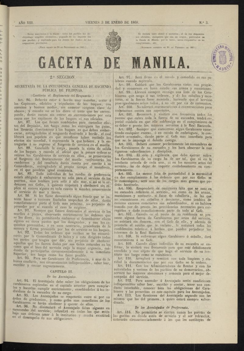 Gaceta de Manila del 3 de enero de 1868, n 3