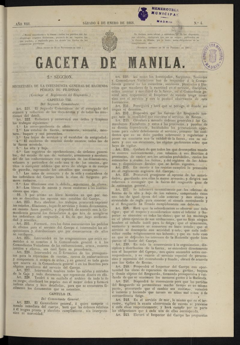 Gaceta de Manila del 4 de enero de 1868, n 4