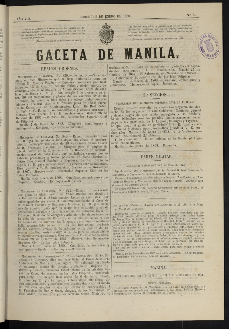 Gaceta de Manila del 5 de enero de 1868, n 5