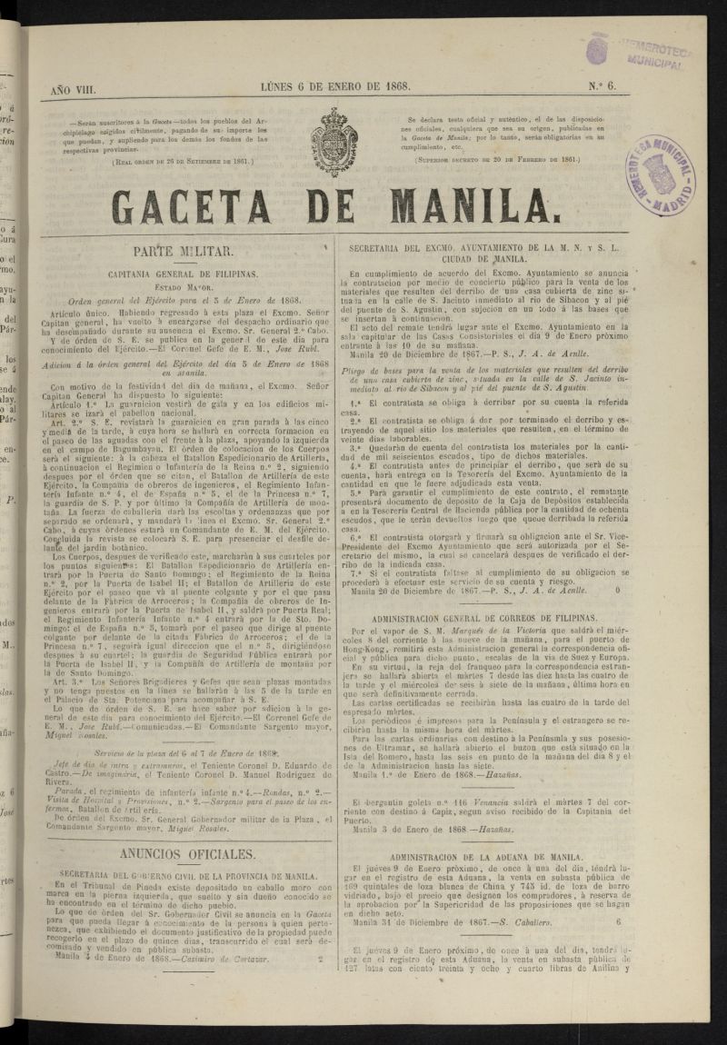 Gaceta de Manila del 6 de enero de 1868, n 6