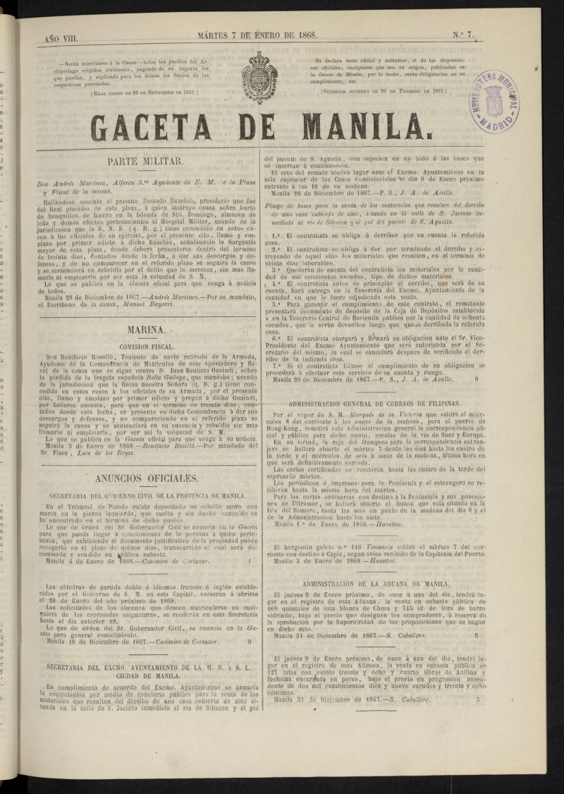 Gaceta de Manila del 7 de enero de 1868, n 7