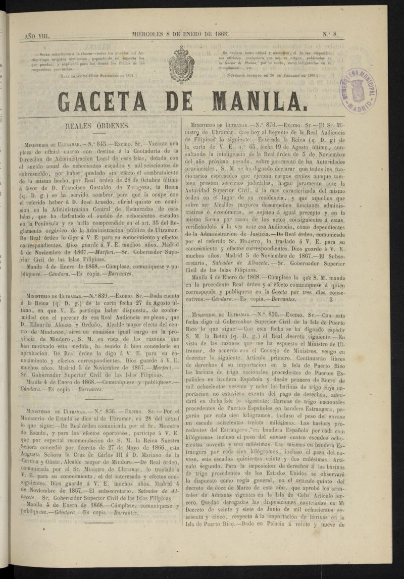 Gaceta de Manila del 8 de enero de 1868, n 8