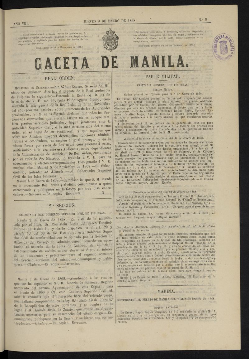 Gaceta de Manila del 9 de enero de 1868, n 9