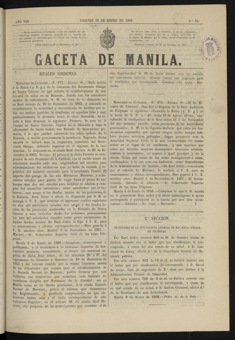 Gaceta de Manila del 10 de enero de 1868, n 10