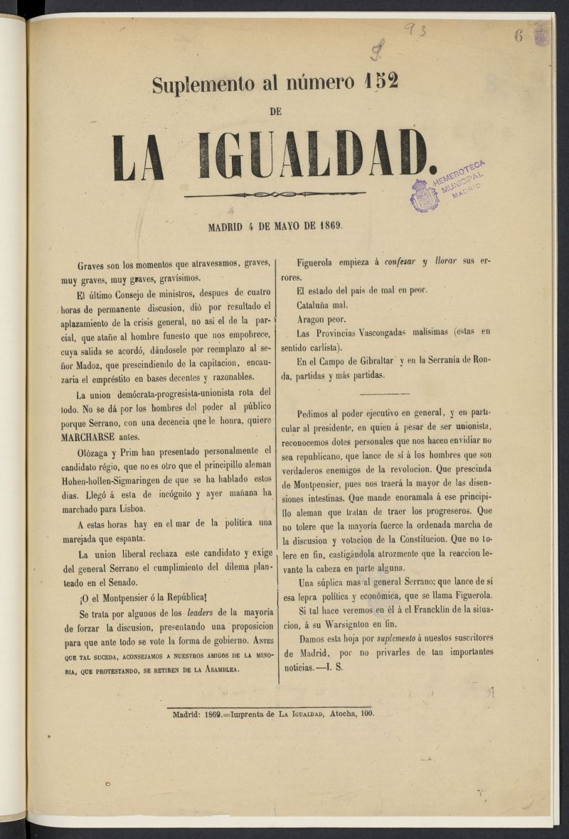 La Igualdad: diario democrtico-republicano