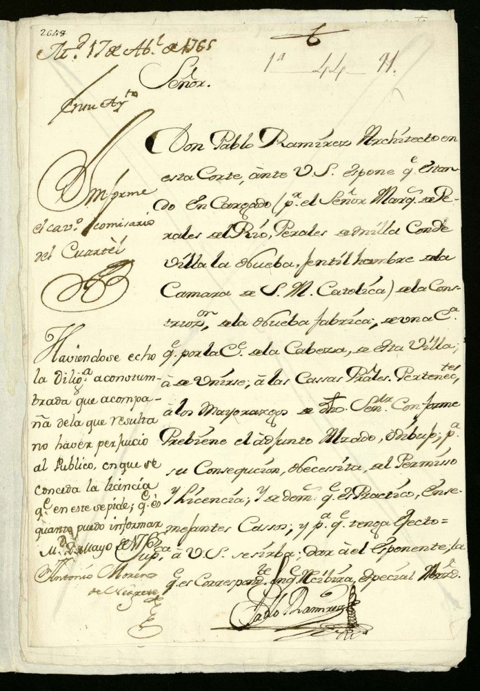 Licencia a Don Pablo Ramrez, Arquitecto, por el marqus de Perales del Ro para unir una casa a otra calle de la Cabeza