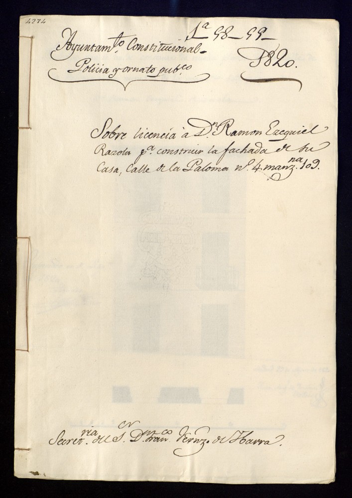 Licencia a don Ramn Ezequiel Razola, para construir la fachada de nueva planta de su casa, calle de la Paloma, n 4, manzana 109.