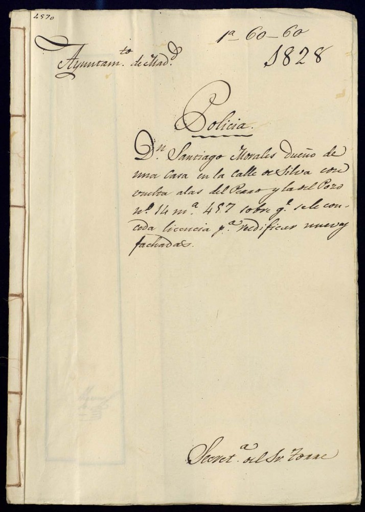 Don Santiago Morales dueo de una casa en la calle de Silva con vuelta a las del Perro y del Pozo, 14, manzana 457, sobre que se le conceda licencia para reedificar nuevas fachadas.