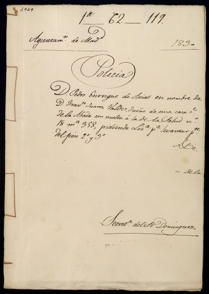 Don Pedro Enrique de Arias en nombre de Don Francisco Surez Valdes, dueo de una casa en la calle de la Abada con vuelta a la de la salud, 18, manzana 358, pidiendo licencia para levantar parte del piso segundo y tercero.