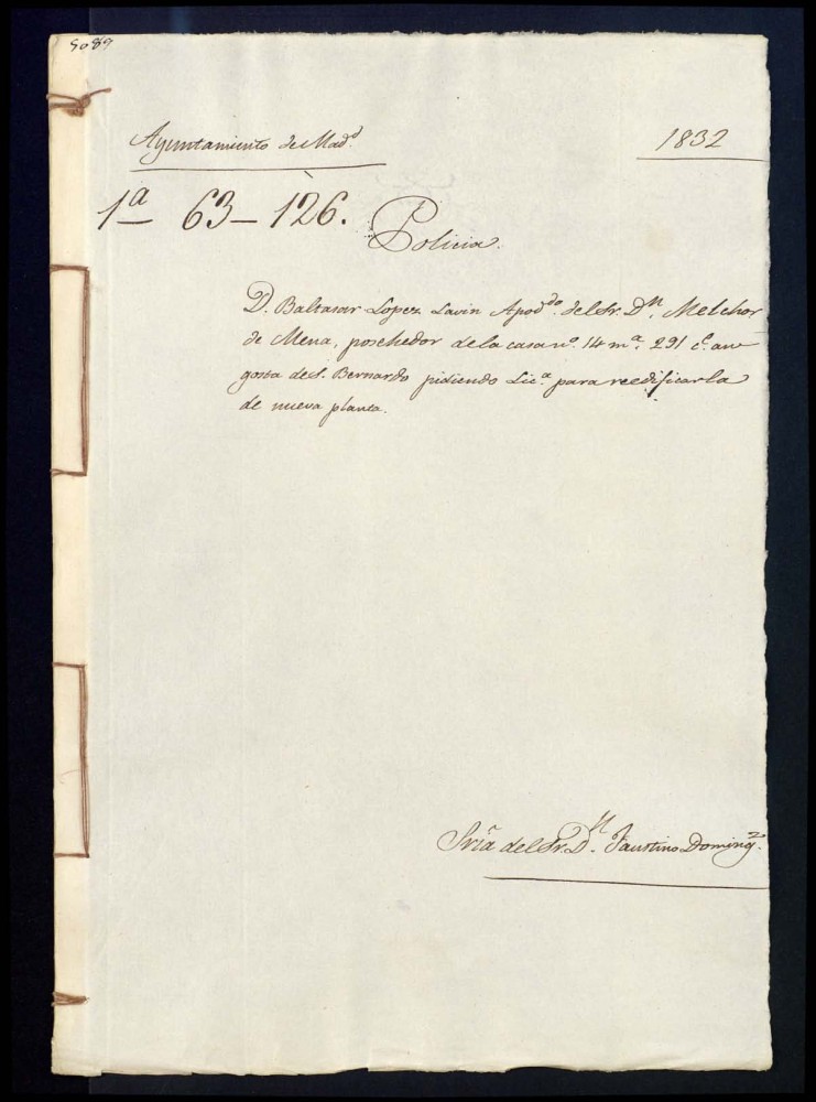 Don Baltasar Lpez Lavin, apoderado del seor don Melchor de Mena, poseedor de la casa nmero 14, manzana 291, calle angosta de San Bernardo, pidiendo licencia para reedificarla de nueva planta.