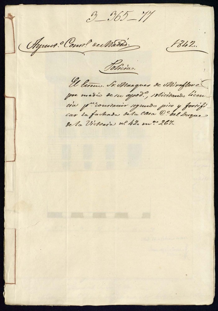 El seor marqus de Miraflores por medio de su apoderado, solicitando licencia para construir segundo piso y fortificar la fachada de la casa de la calle del Duque de la Victoria, 42 manzana 267