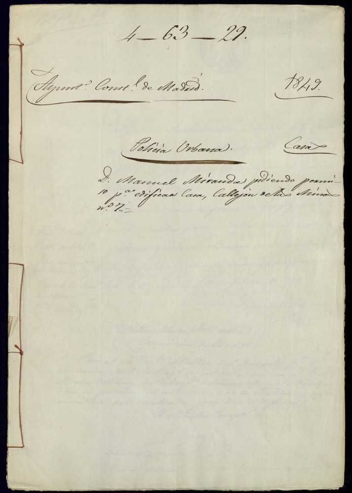 Don Manuel Miranda pidiendo permiso para edificar casa, callejn de las Minas, 7 para edificar de nueva planta