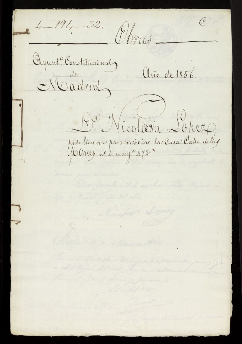 D. Nicolasa Lpez, pide licencia para revocar la casa calle de las Minas n 4 manzana 472. (1856)