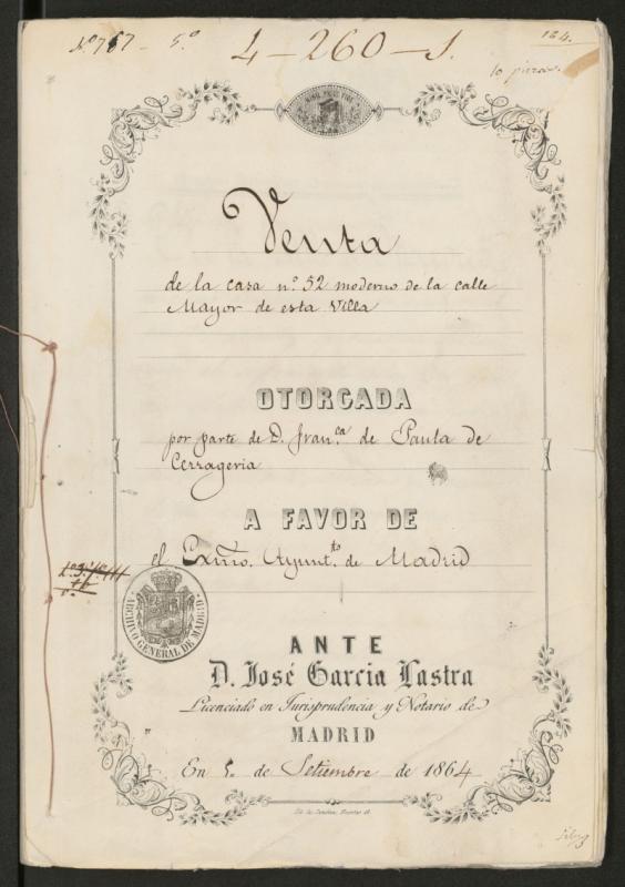 Venta de la casa n 52 moderno de la calle Mayor de esta Villa, por parte de D. Francisco de Paula de Cerrageria.