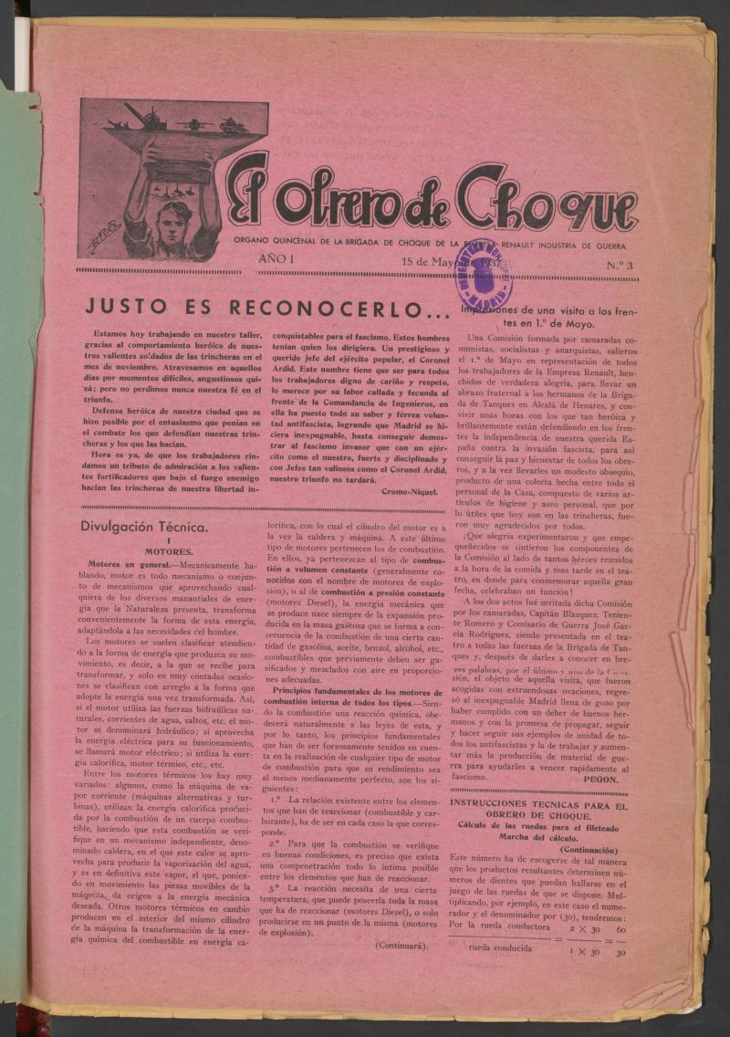 El obrero de choque : rgano quincenal de la Brigada de choque de la Empresa Renault Industria de Guerra