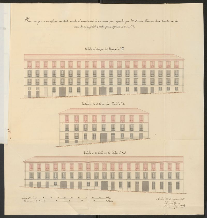 D. Lorenzo Herrera, dueo de las casas calle de Santa Isabel n 50, de Yedra, n 1 y 3 y callejn del Hospital n 2, a la manzana 17, en solicitud de licencias para levantar un 2 piso general con arreglo al diseo que presenta.
