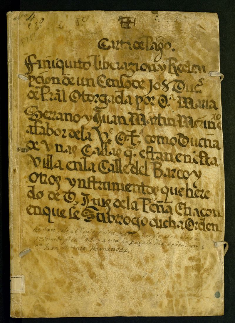 Carta de pago : finiquito liberazin y Redencin de un Censo de 108 Duc[ado]s de Pr[incip]al Otorgada por D. Mara Serrano y Juan Martn Merinero a fabor de la V[enerabl]e O[rden] T[ercer]a, como duea de unas Casas q[ue] estn en esta villa en la Calle del Barco y otros instrumentos que hered de D. Luis de la Pea Chacon en que le subrog dicha Orden.