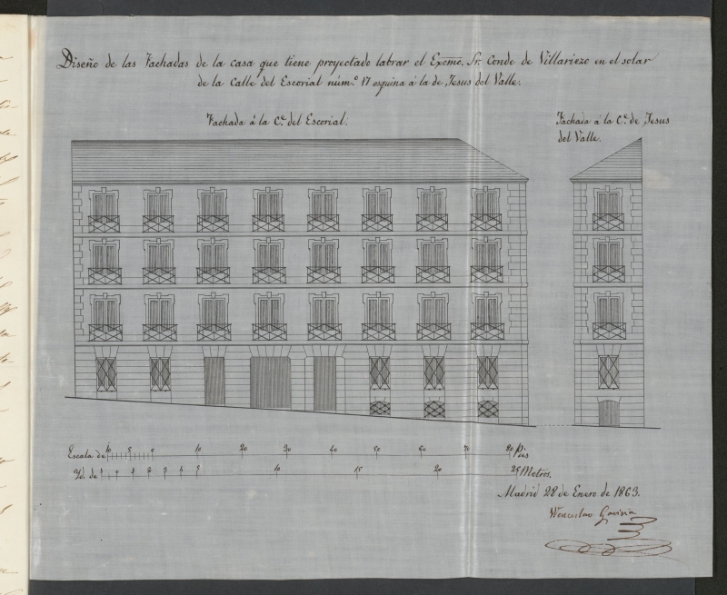 Excmo. Sr. Conde de Villariezo, para construir de nueva planta la casa de su propiedad, sita en la calle del Escorial n 17, con vuelta a la de Jess del Valle, n 20, manzana 462.