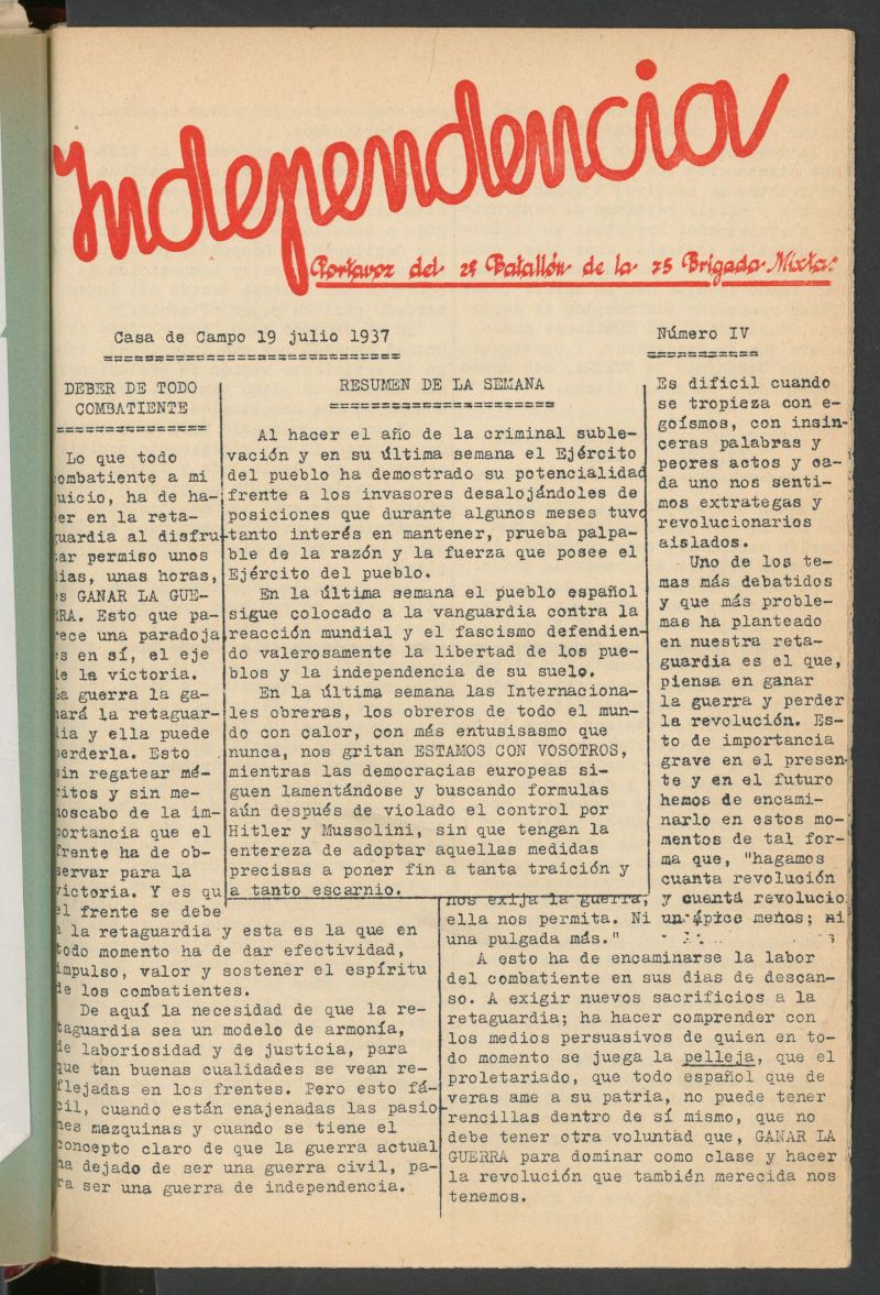 Independencia : portavoz del 2 Batalln de la 75 Brigada Mixta.