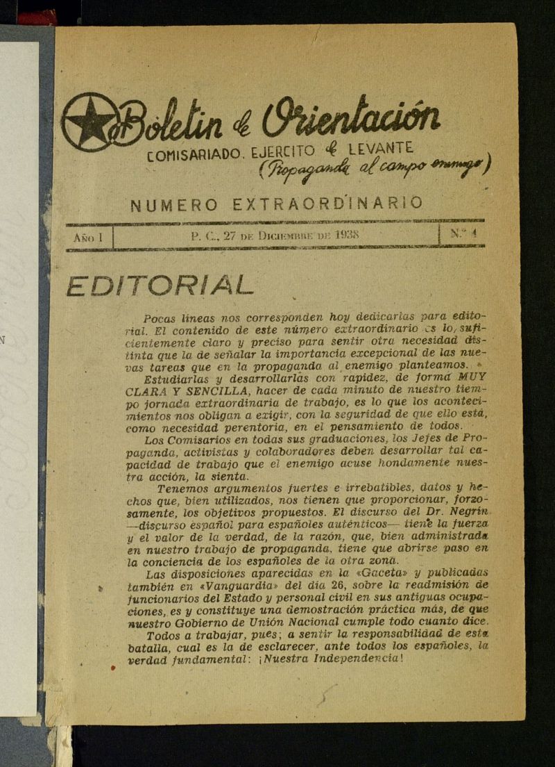 Boletn de orientacin: comisariado Ejrcito de Levante