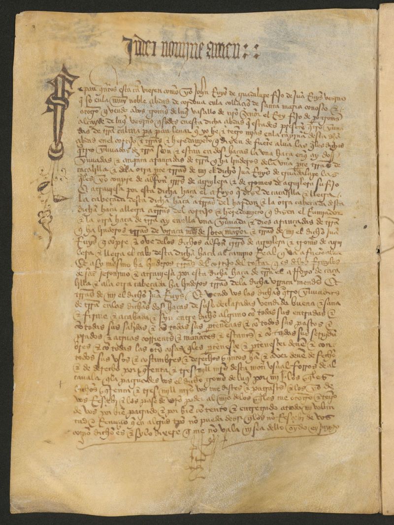 Sepan quantos esta carta bieren como yo Johan Ruiz de Guadalupe fiso de Juan Ruis bezino q[ue] so[y] en la muy noble abad de Cordoba en la colacin de Santa Maria como yo otorgo y bendo a bos Gmez de Luque...cuatro yuntadas de tierra ... en Luque [Crdoba]...