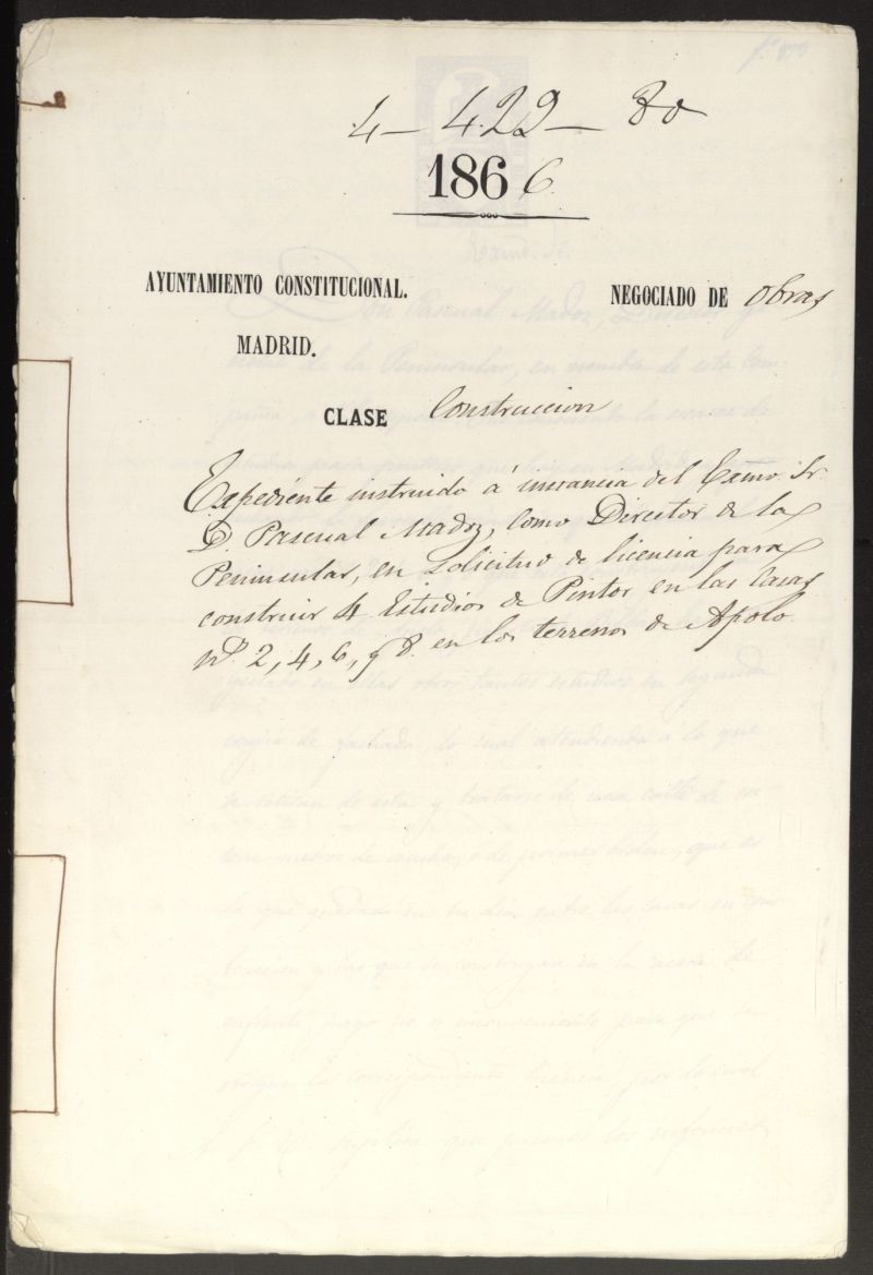 A instancia del Excmo. Sr. D. Pascual Madoz, como Director de la Peninsular, en solicitud de licencia para construir 4 Estudios de Pintor en las casas n 2, 4, 6 y 8 en los terrenos de Apolo.