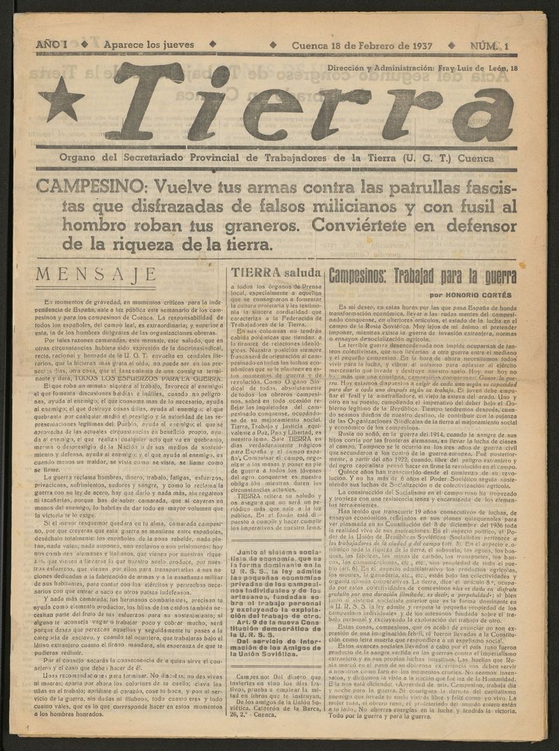 Tierra : rgano del Secretariado Provincial de Trabajadores de la Tierra, U.G.T. del