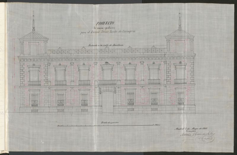 Excmo. Sr. Conde de Cerrageria, en solicitud de licencia para reconstruir su Casa Palacio en la calle de Quintana, con vuelta a la de Tutor y de D. Martn (Barrio de Argelles)