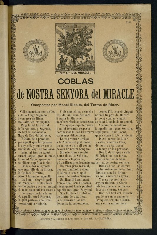 Coblas de nostra senyora del Miracle / compostas per Manel Ribalta, del Terme de Riner